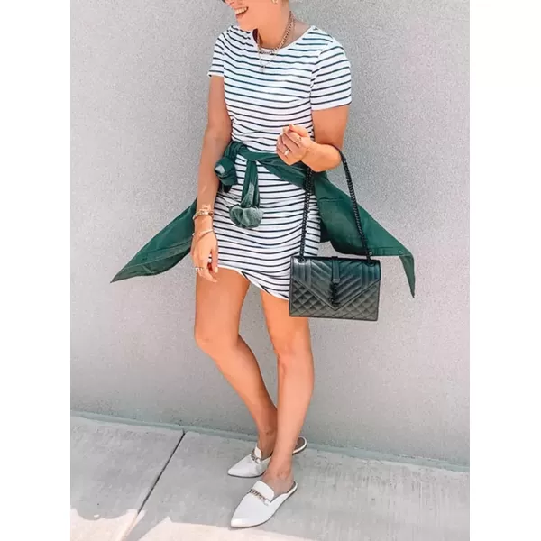 imageBTFBM Womens 2023 Summer Casual Beach Dresses Crew Neck Short Sleeve Wrap Party Club Mini Ruched Bodycon T Shirt DressStripe