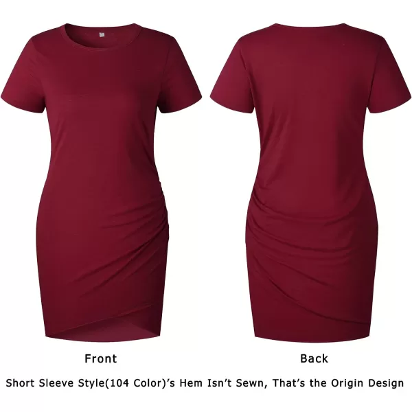 imageBTFBM Womens 2023 Summer Casual Beach Dresses Crew Neck Short Sleeve Wrap Party Club Mini Ruched Bodycon T Shirt DressWine Red