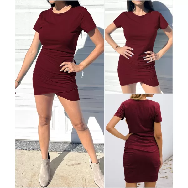 imageBTFBM Womens 2023 Summer Casual Beach Dresses Crew Neck Short Sleeve Wrap Party Club Mini Ruched Bodycon T Shirt DressWine Red