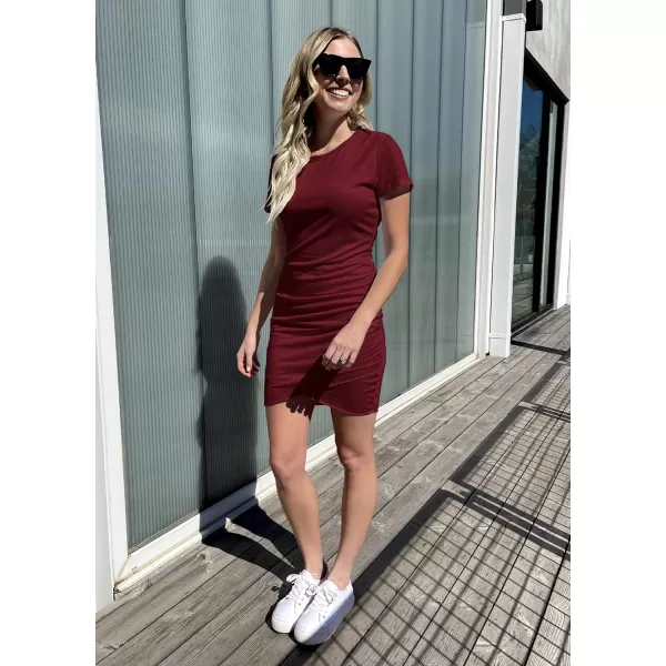 imageBTFBM Womens 2023 Summer Casual Beach Dresses Crew Neck Short Sleeve Wrap Party Club Mini Ruched Bodycon T Shirt DressWine Red