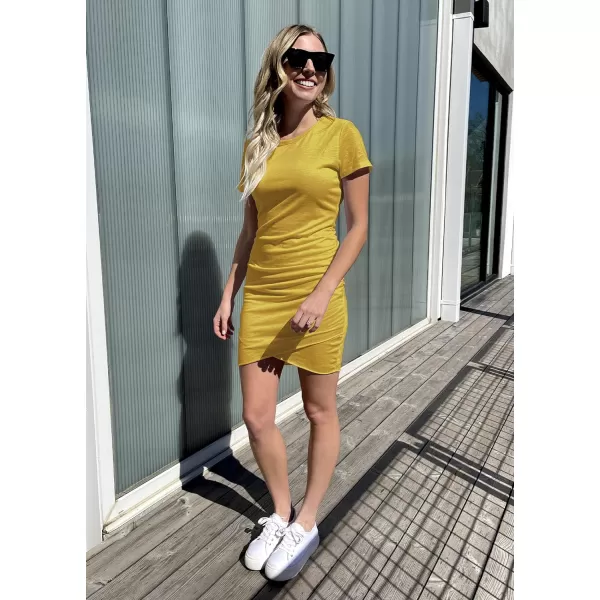 imageBTFBM Womens 2023 Summer Casual Beach Dresses Crew Neck Short Sleeve Wrap Party Club Mini Ruched Bodycon T Shirt DressYellow