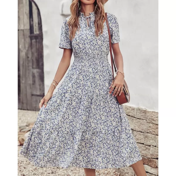 imageBTFBM Womens 2023 Summer Casual Boho Dress Floral Print Tie V Neck Short Sleeve Elastic Waist ALine Midi Beach DressesFloral Apricot Blue