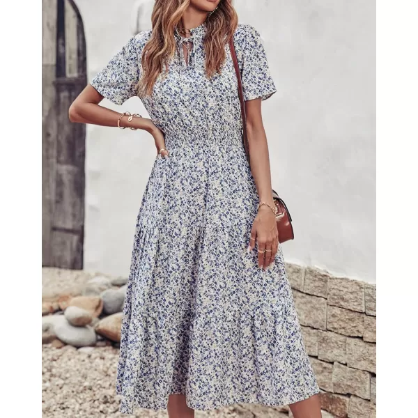 imageBTFBM Womens 2023 Summer Casual Boho Dress Floral Print Tie V Neck Short Sleeve Elastic Waist ALine Midi Beach DressesFloral Apricot Blue