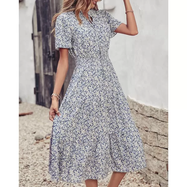 imageBTFBM Womens 2023 Summer Casual Boho Dress Floral Print Tie V Neck Short Sleeve Elastic Waist ALine Midi Beach DressesFloral Apricot Blue