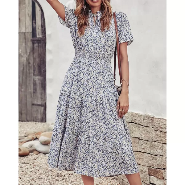 imageBTFBM Womens 2023 Summer Casual Boho Dress Floral Print Tie V Neck Short Sleeve Elastic Waist ALine Midi Beach DressesFloral Apricot Blue