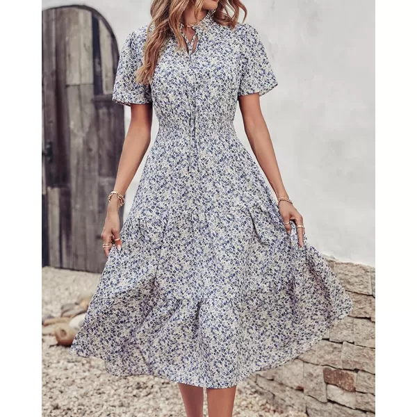 imageBTFBM Womens 2023 Summer Casual Boho Dress Floral Print Tie V Neck Short Sleeve Elastic Waist ALine Midi Beach DressesFloral Apricot Blue