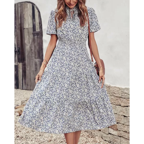 imageBTFBM Womens 2023 Summer Casual Boho Dress Floral Print Tie V Neck Short Sleeve Elastic Waist ALine Midi Beach DressesFloral Apricot Blue