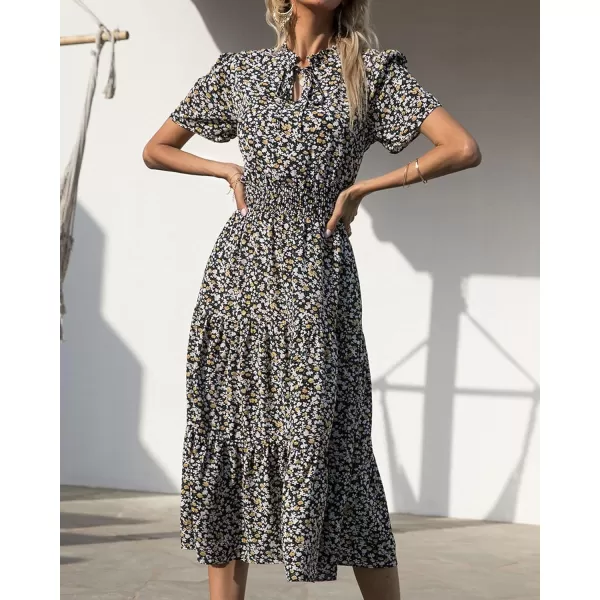 imageBTFBM Womens 2023 Summer Casual Boho Dress Floral Print Tie V Neck Short Sleeve Elastic Waist ALine Midi Beach DressesFloral Black