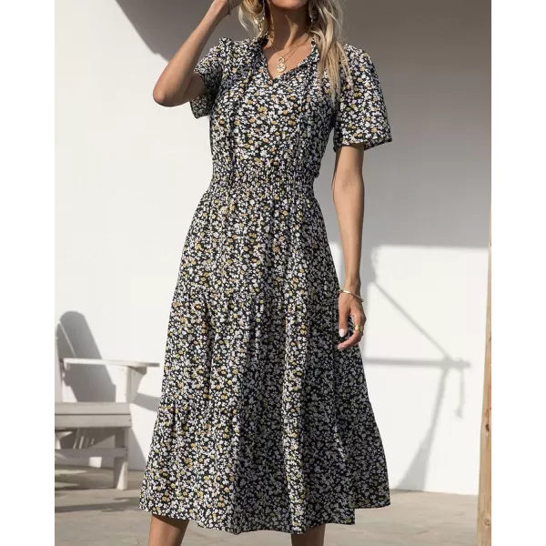 imageBTFBM Womens 2023 Summer Casual Boho Dress Floral Print Tie V Neck Short Sleeve Elastic Waist ALine Midi Beach DressesFloral Black