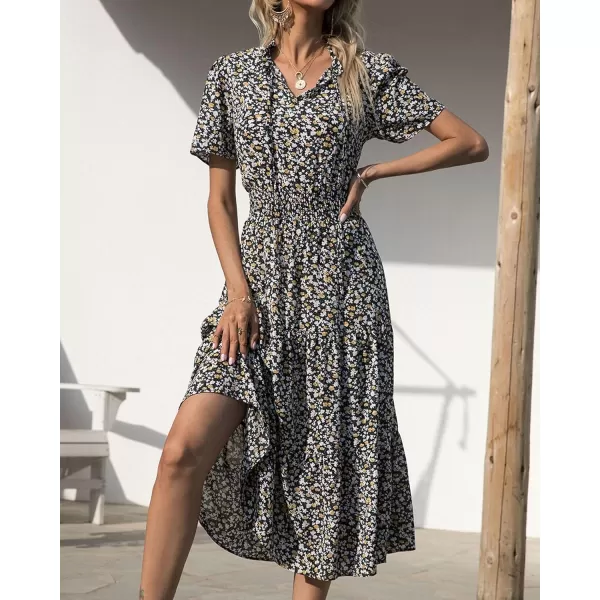 imageBTFBM Womens 2023 Summer Casual Boho Dress Floral Print Tie V Neck Short Sleeve Elastic Waist ALine Midi Beach DressesFloral Black