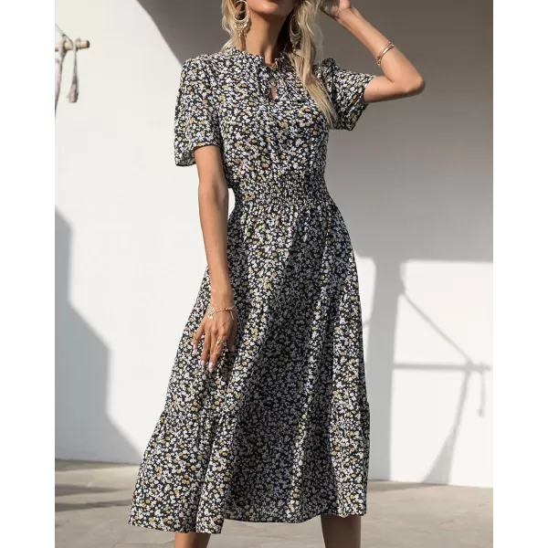 imageBTFBM Womens 2023 Summer Casual Boho Dress Floral Print Tie V Neck Short Sleeve Elastic Waist ALine Midi Beach DressesFloral Black