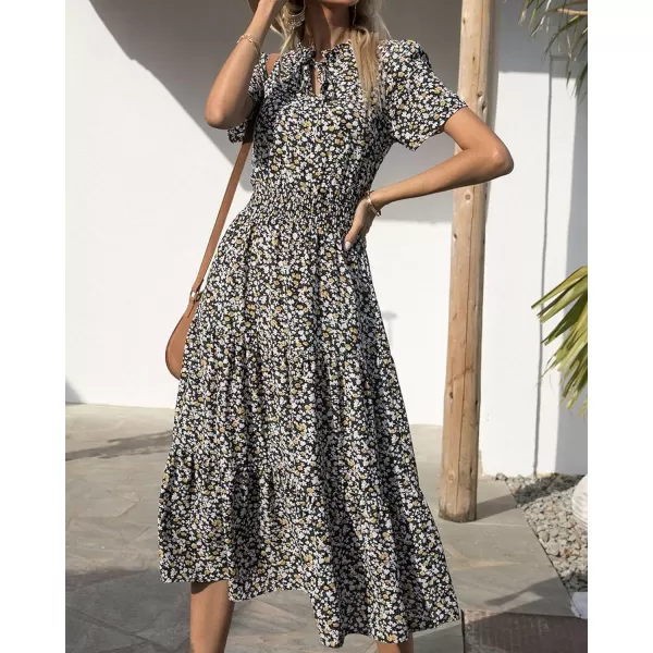 imageBTFBM Womens 2023 Summer Casual Boho Dress Floral Print Tie V Neck Short Sleeve Elastic Waist ALine Midi Beach DressesFloral Black