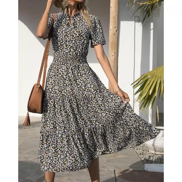 imageBTFBM Womens 2023 Summer Casual Boho Dress Floral Print Tie V Neck Short Sleeve Elastic Waist ALine Midi Beach DressesFloral Black