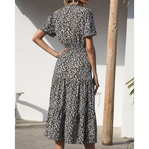 imageBTFBM Womens 2023 Summer Casual Boho Dress Floral Print Tie V Neck Short Sleeve Elastic Waist ALine Midi Beach DressesFloral Black