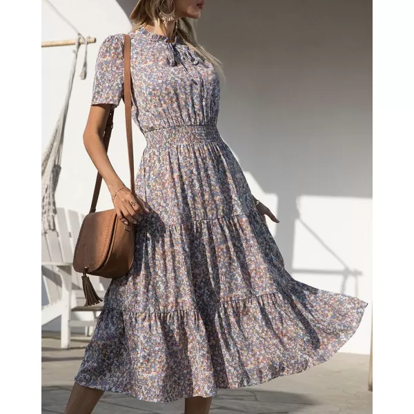 imageBTFBM Womens 2023 Summer Casual Boho Dress Floral Print Tie V Neck Short Sleeve Elastic Waist ALine Midi Beach DressesFloral Blue