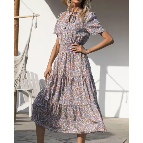 imageBTFBM Womens 2023 Summer Casual Boho Dress Floral Print Tie V Neck Short Sleeve Elastic Waist ALine Midi Beach DressesFloral Blue