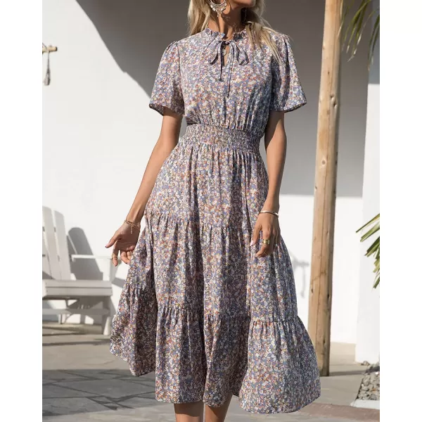 imageBTFBM Womens 2023 Summer Casual Boho Dress Floral Print Tie V Neck Short Sleeve Elastic Waist ALine Midi Beach DressesFloral Blue