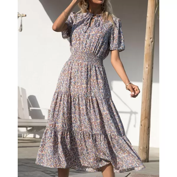 imageBTFBM Womens 2023 Summer Casual Boho Dress Floral Print Tie V Neck Short Sleeve Elastic Waist ALine Midi Beach DressesFloral Blue