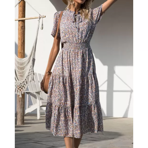 imageBTFBM Womens 2023 Summer Casual Boho Dress Floral Print Tie V Neck Short Sleeve Elastic Waist ALine Midi Beach DressesFloral Blue
