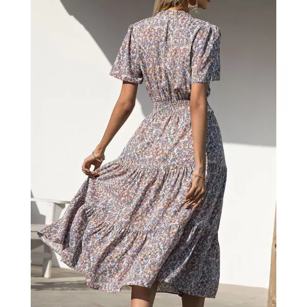 imageBTFBM Womens 2023 Summer Casual Boho Dress Floral Print Tie V Neck Short Sleeve Elastic Waist ALine Midi Beach DressesFloral Blue