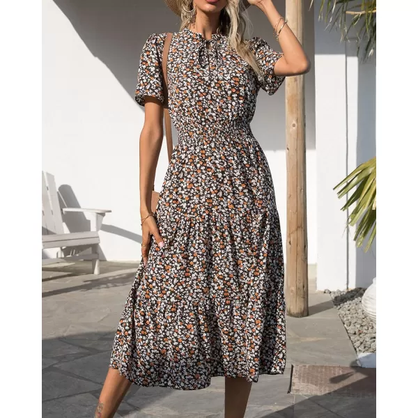 imageBTFBM Womens 2023 Summer Casual Boho Dress Floral Print Tie V Neck Short Sleeve Elastic Waist ALine Midi Beach DressesFloral Coffee