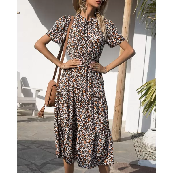 imageBTFBM Womens 2023 Summer Casual Boho Dress Floral Print Tie V Neck Short Sleeve Elastic Waist ALine Midi Beach DressesFloral Coffee