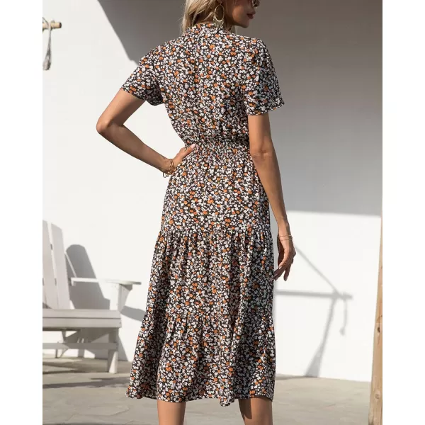 imageBTFBM Womens 2023 Summer Casual Boho Dress Floral Print Tie V Neck Short Sleeve Elastic Waist ALine Midi Beach DressesFloral Coffee