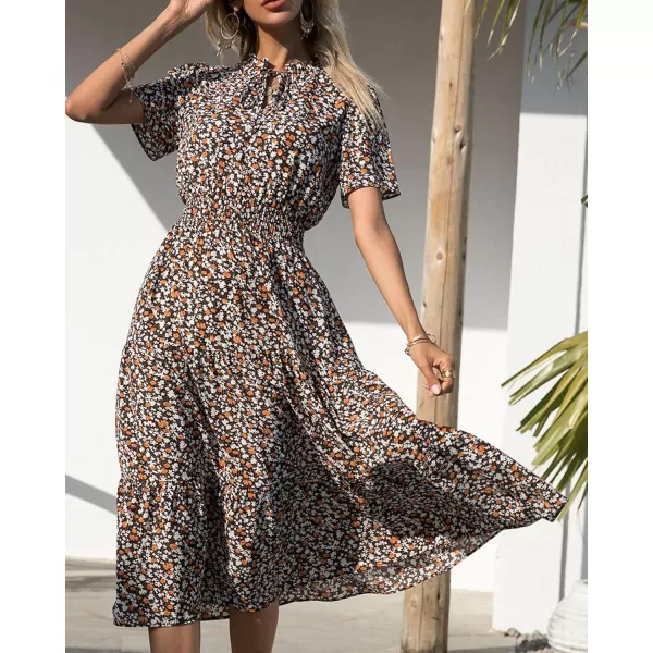 imageBTFBM Womens 2023 Summer Casual Boho Dress Floral Print Tie V Neck Short Sleeve Elastic Waist ALine Midi Beach DressesFloral Coffee