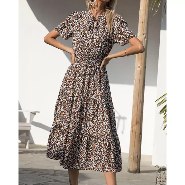 imageBTFBM Womens 2023 Summer Casual Boho Dress Floral Print Tie V Neck Short Sleeve Elastic Waist ALine Midi Beach DressesFloral Coffee
