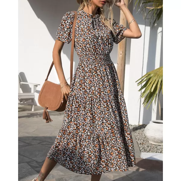 imageBTFBM Womens 2023 Summer Casual Boho Dress Floral Print Tie V Neck Short Sleeve Elastic Waist ALine Midi Beach DressesFloral Coffee