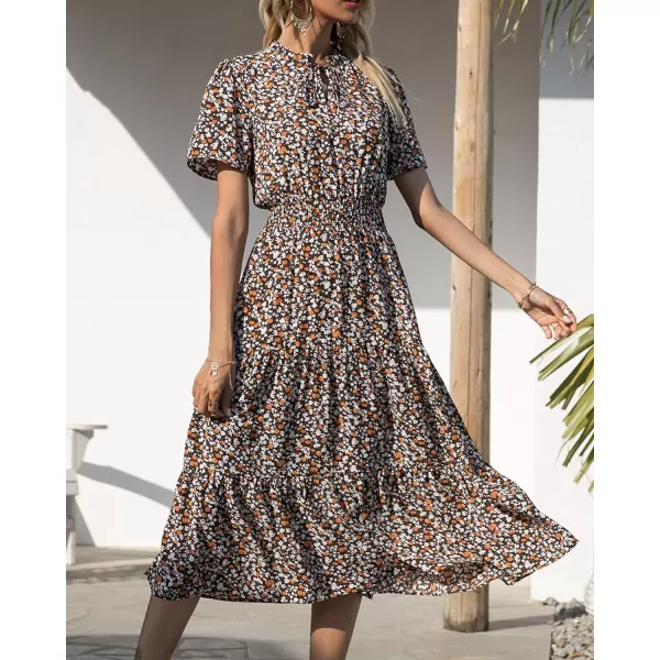 imageBTFBM Womens 2023 Summer Casual Boho Dress Floral Print Tie V Neck Short Sleeve Elastic Waist ALine Midi Beach DressesFloral Coffee