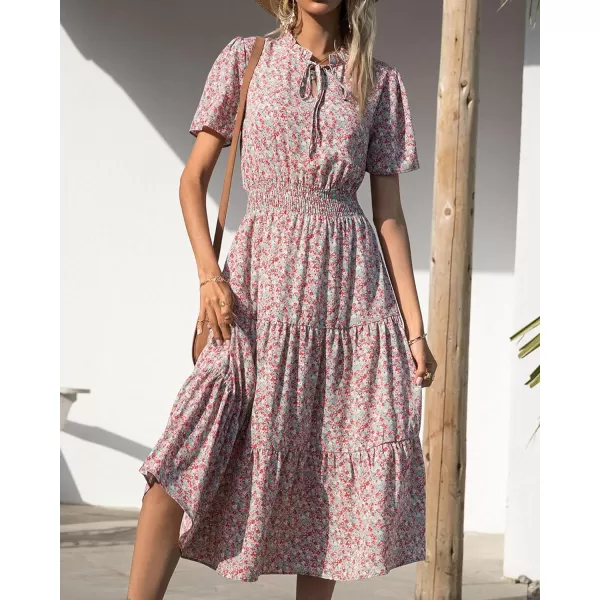 imageBTFBM Womens 2023 Summer Casual Boho Dress Floral Print Tie V Neck Short Sleeve Elastic Waist ALine Midi Beach DressesFloral Green