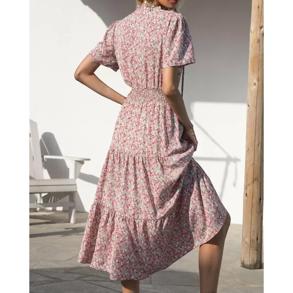 imageBTFBM Womens 2023 Summer Casual Boho Dress Floral Print Tie V Neck Short Sleeve Elastic Waist ALine Midi Beach DressesFloral Green