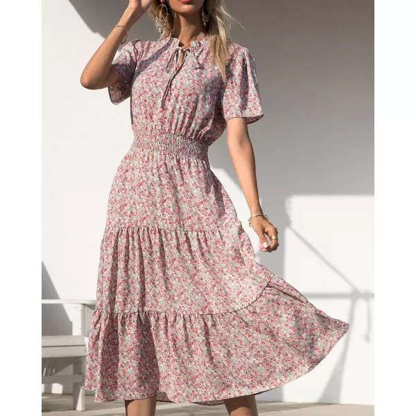 imageBTFBM Womens 2023 Summer Casual Boho Dress Floral Print Tie V Neck Short Sleeve Elastic Waist ALine Midi Beach DressesFloral Green