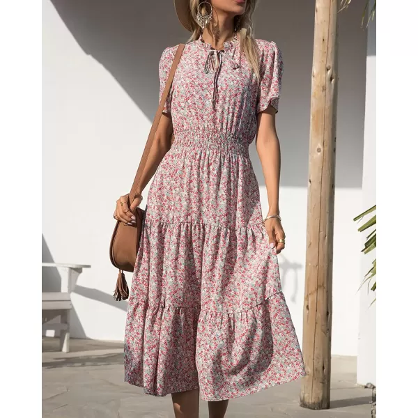 imageBTFBM Womens 2023 Summer Casual Boho Dress Floral Print Tie V Neck Short Sleeve Elastic Waist ALine Midi Beach DressesFloral Green
