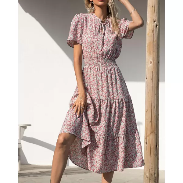 imageBTFBM Womens 2023 Summer Casual Boho Dress Floral Print Tie V Neck Short Sleeve Elastic Waist ALine Midi Beach DressesFloral Green