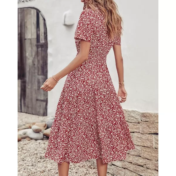 imageBTFBM Womens 2023 Summer Casual Boho Dress Floral Print Tie V Neck Short Sleeve Elastic Waist ALine Midi Beach DressesFloral Wine Red White