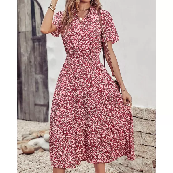 imageBTFBM Womens 2023 Summer Casual Boho Dress Floral Print Tie V Neck Short Sleeve Elastic Waist ALine Midi Beach DressesFloral Wine Red White