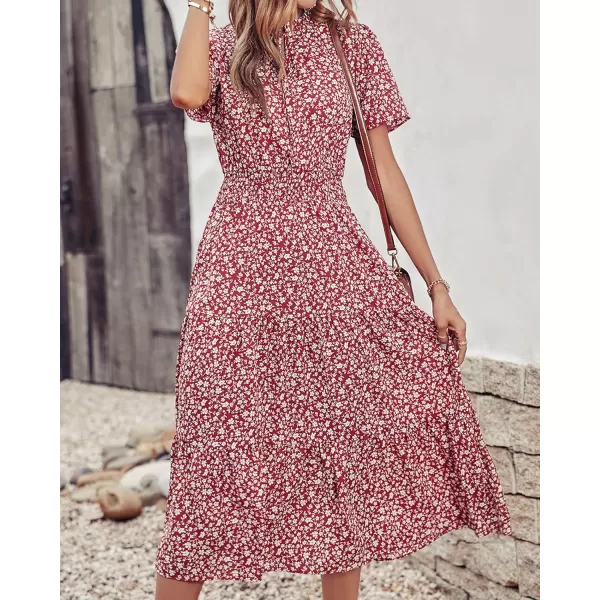 imageBTFBM Womens 2023 Summer Casual Boho Dress Floral Print Tie V Neck Short Sleeve Elastic Waist ALine Midi Beach DressesFloral Wine Red White
