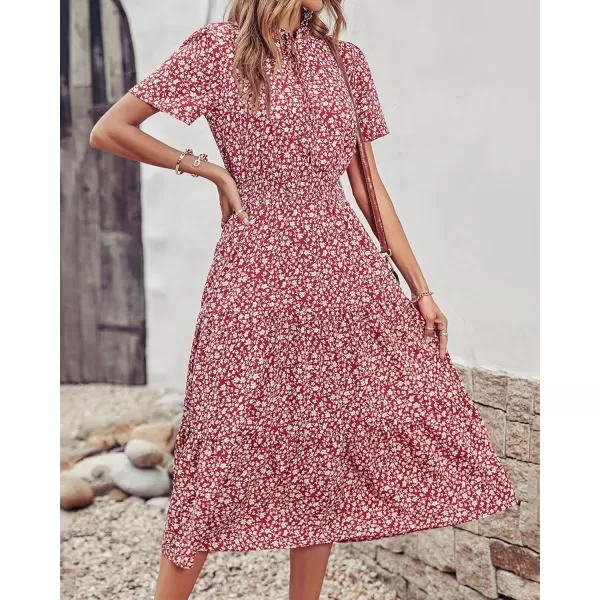 imageBTFBM Womens 2023 Summer Casual Boho Dress Floral Print Tie V Neck Short Sleeve Elastic Waist ALine Midi Beach DressesFloral Wine Red White