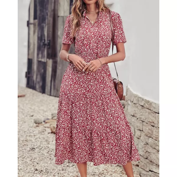 imageBTFBM Womens 2023 Summer Casual Boho Dress Floral Print Tie V Neck Short Sleeve Elastic Waist ALine Midi Beach DressesFloral Wine Red White