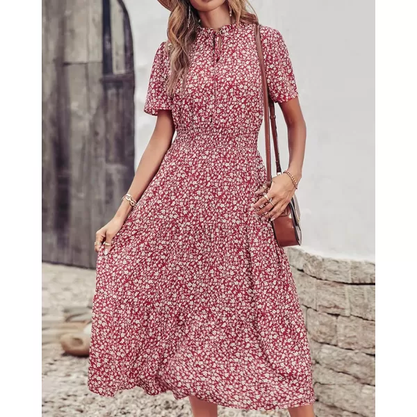 imageBTFBM Womens 2023 Summer Casual Boho Dress Floral Print Tie V Neck Short Sleeve Elastic Waist ALine Midi Beach DressesFloral Wine Red White