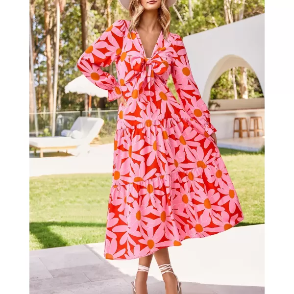 imageBTFBM Womens 2023 Summer Fall Boho Dress V Neck Tie Front Cutout Casual Long Sleeve Floral Wedding Party Maxi DressesBig Floral Red