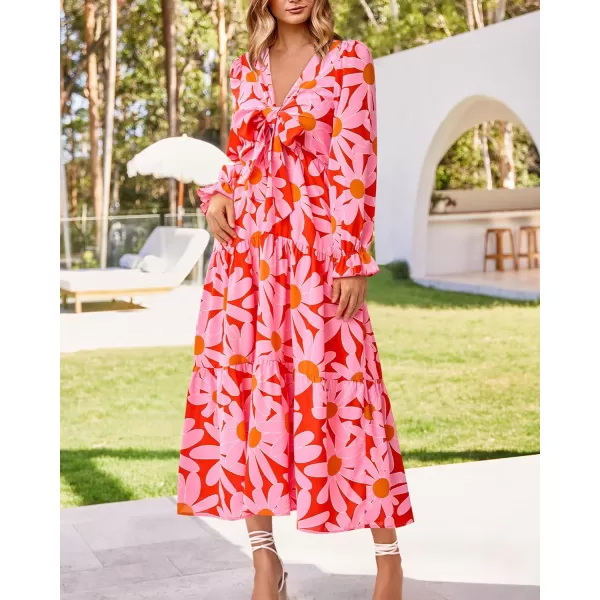 imageBTFBM Womens 2023 Summer Fall Boho Dress V Neck Tie Front Cutout Casual Long Sleeve Floral Wedding Party Maxi DressesBig Floral Red
