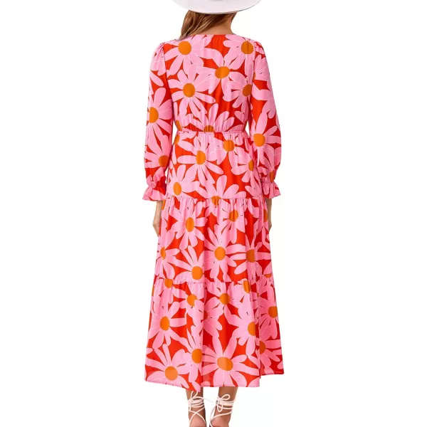 imageBTFBM Womens 2023 Summer Fall Boho Dress V Neck Tie Front Cutout Casual Long Sleeve Floral Wedding Party Maxi DressesBig Floral Red