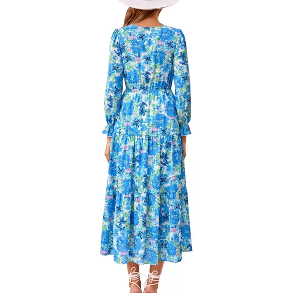 imageBTFBM Womens 2023 Summer Fall Boho Dress V Neck Tie Front Cutout Casual Long Sleeve Floral Wedding Party Maxi DressesBig Floral White Blue