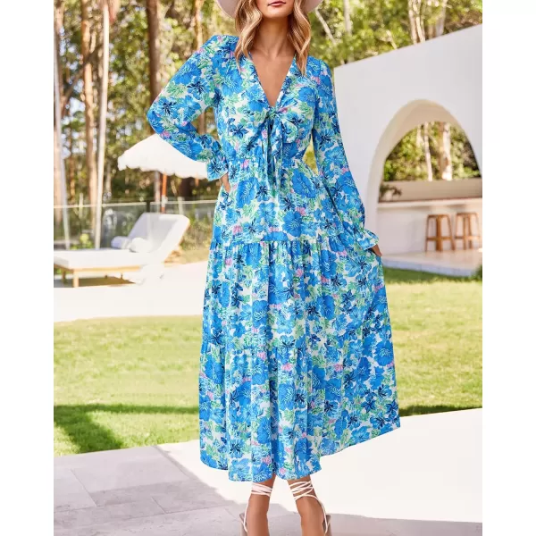 imageBTFBM Womens 2023 Summer Fall Boho Dress V Neck Tie Front Cutout Casual Long Sleeve Floral Wedding Party Maxi DressesBig Floral White Blue