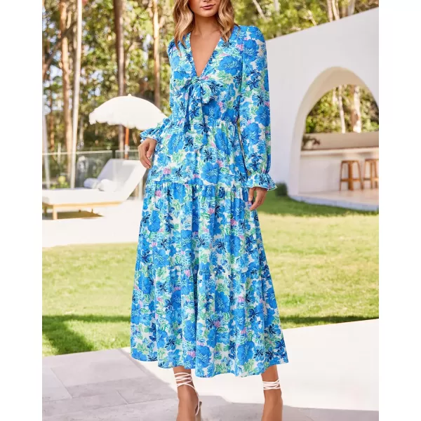 imageBTFBM Womens 2023 Summer Fall Boho Dress V Neck Tie Front Cutout Casual Long Sleeve Floral Wedding Party Maxi DressesBig Floral White Blue