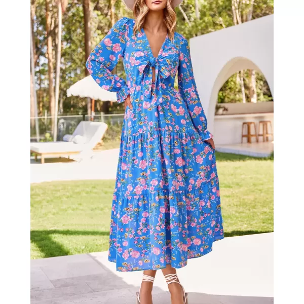 imageBTFBM Womens 2023 Summer Fall Boho Dress V Neck Tie Front Cutout Casual Long Sleeve Floral Wedding Party Maxi DressesFloral Blue Pink