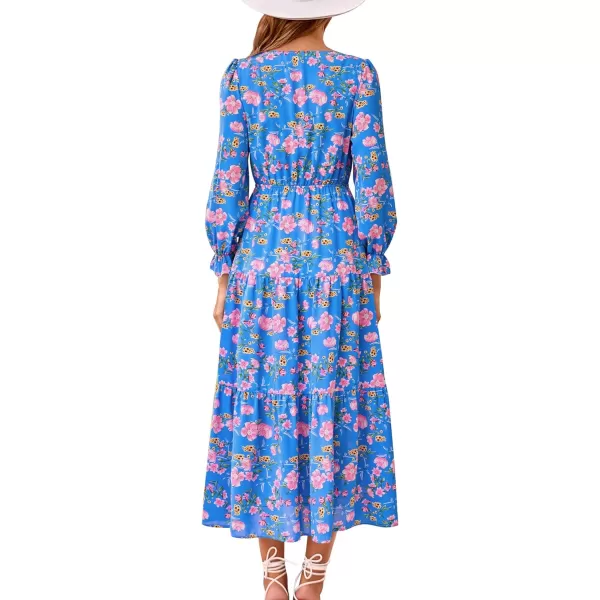 imageBTFBM Womens 2023 Summer Fall Boho Dress V Neck Tie Front Cutout Casual Long Sleeve Floral Wedding Party Maxi DressesFloral Blue Pink